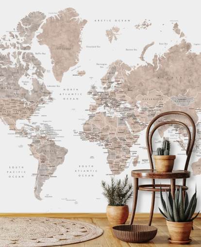 world map mural with cities in neutral colors