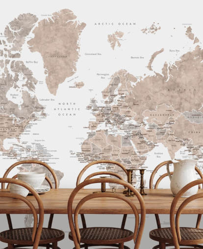 mural de mapa del mundo con ciudades en colores neutros