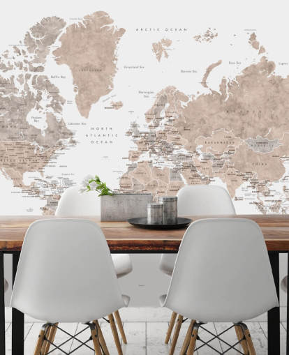 murale con mappa del mondo con città in colori neutri
