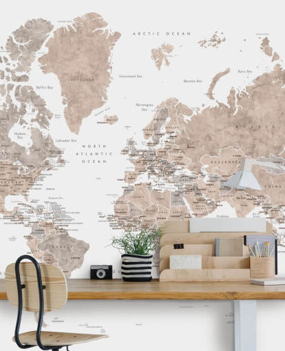 world map mural with cities in neutral colors
