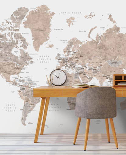 murale con mappa del mondo con città in colori neutri