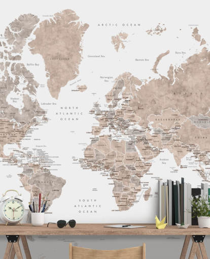 world map mural with cities in neutral colours world map mural with cities in neutral colours
