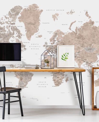 world map mural with cities in neutral colours