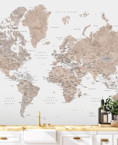 world map mural with cities in neutral colors