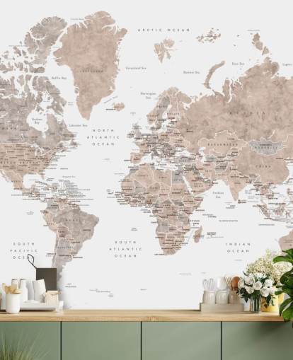 mural de mapa del mundo con ciudades en colores neutros