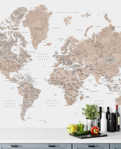 world map mural with cities in neutral colors