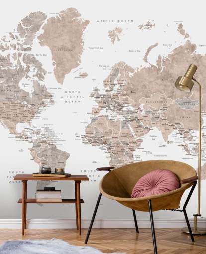 murale con mappa del mondo con città in colori neutri