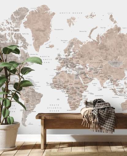 world map mural with cities in neutral colours world map mural with cities in neutral colours