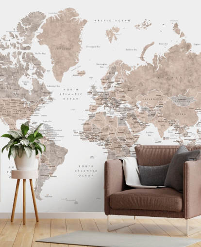 world map mural with cities in neutral colors