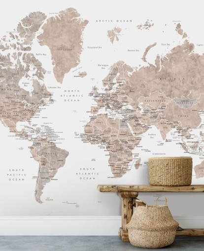mural de mapa del mundo con ciudades en colores neutros