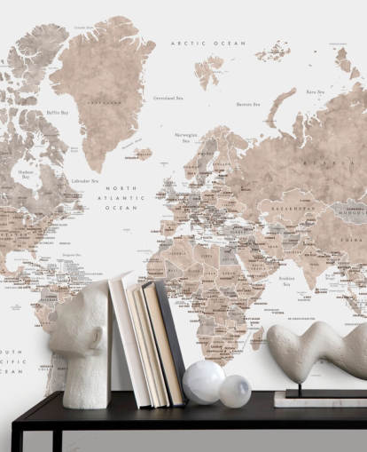 world map mural with cities in neutral colours world map mural with cities in neutral colours