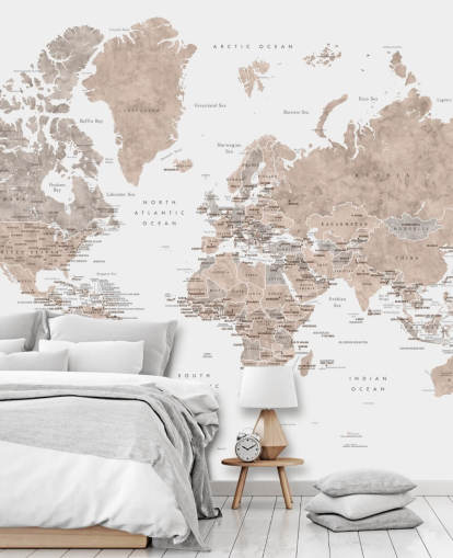 wereldkaart muurschildering met steden in neutrale kleuren wereldkaart muurschildering met steden in neutrale kleuren