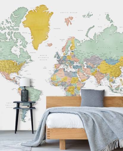 world map mural with cities in ocher