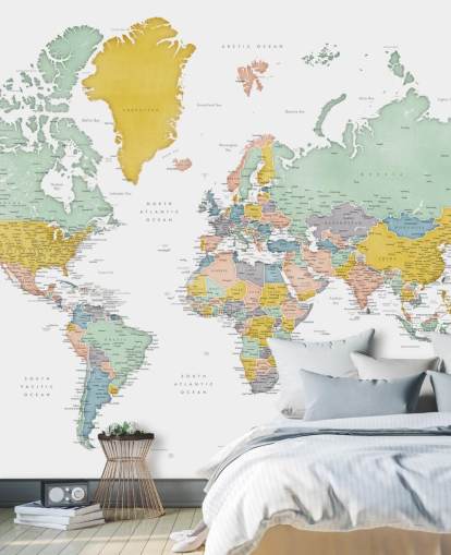 world map mural with cities in ochre world map mural with cities in ochre