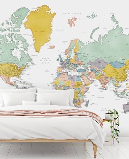world map mural with cities in ochre