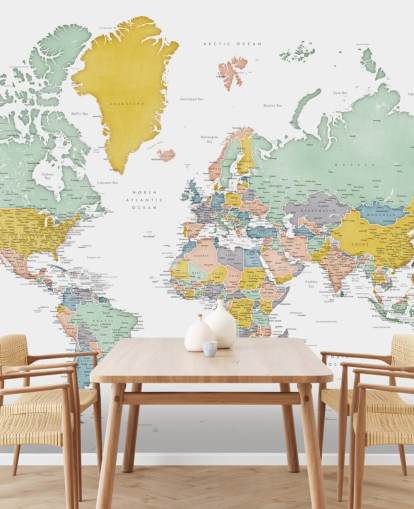 world map mural with cities in ochre