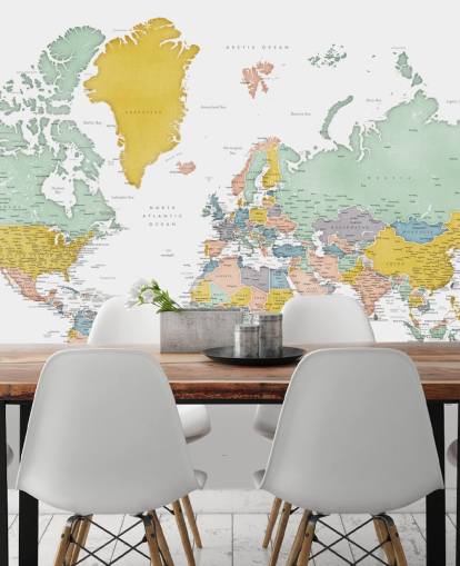 murale con mappa del mondo con città in ocra