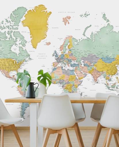 mural de mapa del mundo con ciudades en ocre