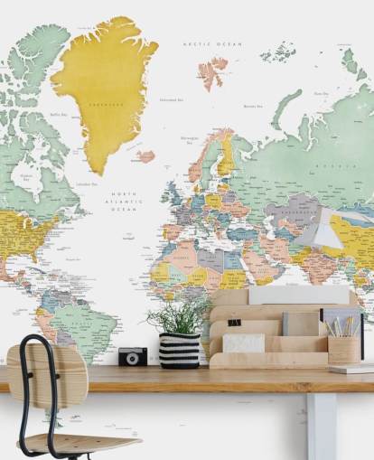 world map mural with cities in ochre