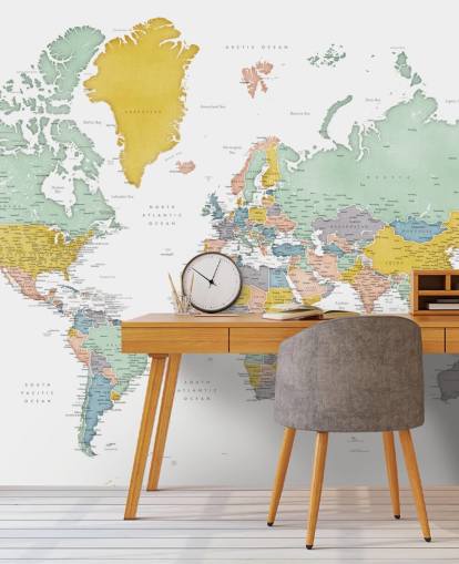 world map mural with cities in ochre