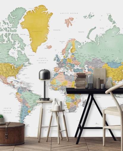 world map mural with cities in ocher world map mural with cities in ocher