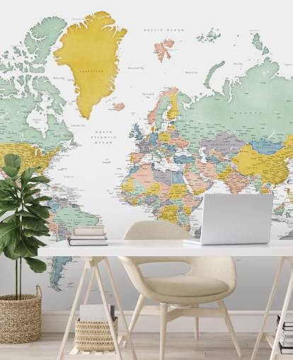 world map mural with cities in ocher world map mural with cities in ocher