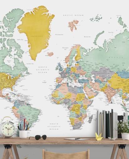 world map mural with cities in ochre world map mural with cities in ochre