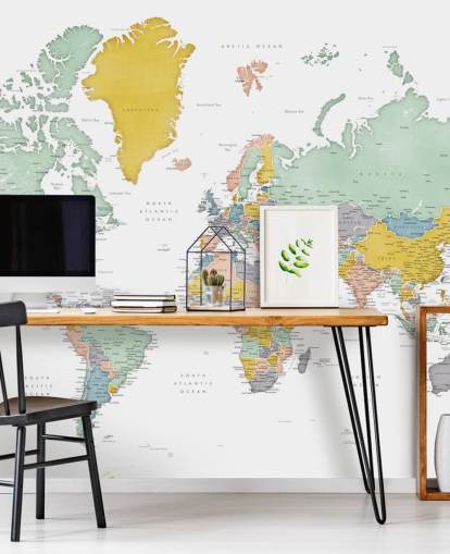 world map mural with cities in ochre