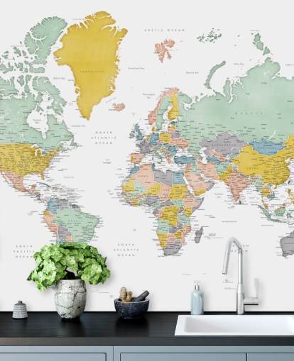 world map mural with cities in ochre world map mural with cities in ochre