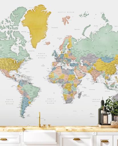 world map mural with cities in ocher