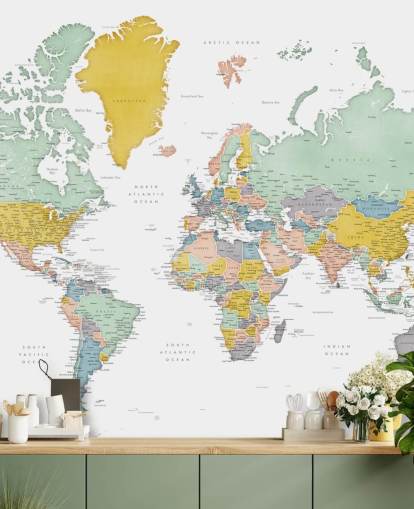 world map mural with cities in ocher