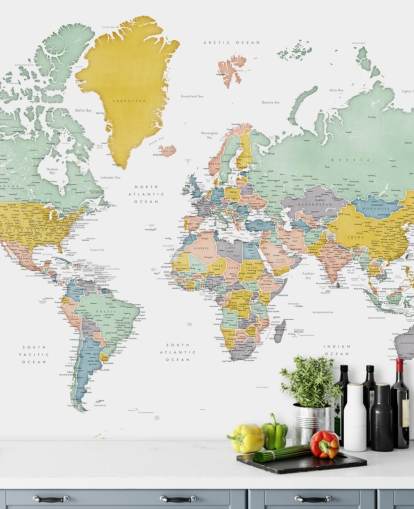 world map mural with cities in ocher world map mural with cities in ocher