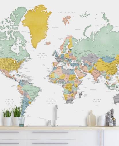 world map mural with cities in ocher