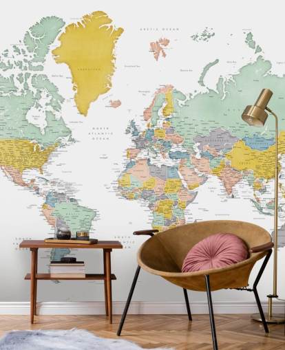 murale con mappa del mondo con città in ocra murale con mappa del mondo con città in ocra