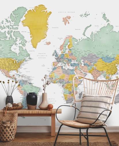 world map mural with cities in ochre