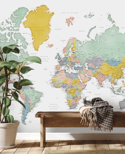 world map mural with cities in ochre