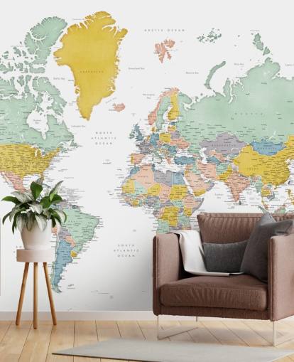 mural de mapa del mundo con ciudades en ocre