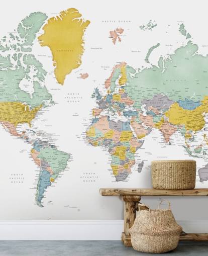 world map mural with cities in ocher