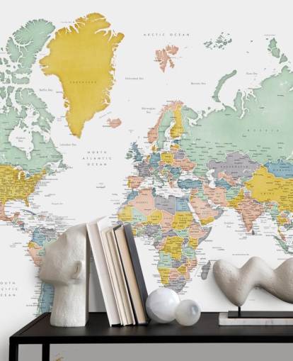 world map mural with cities in ocher