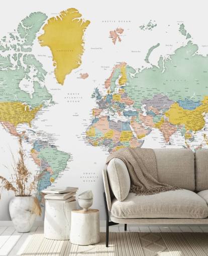 world map mural with cities in ochre