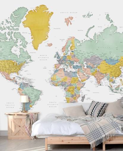 mural de mapa del mundo con ciudades en ocre