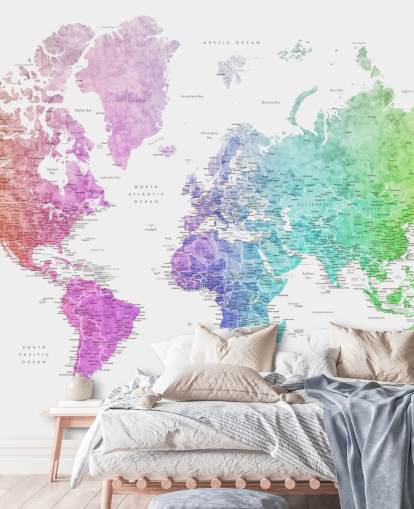 mural de pared de mapa del mundo con ciudades en colores del arcoíris mural de pared de mapa del mundo con ciudades en colores del arcoíris