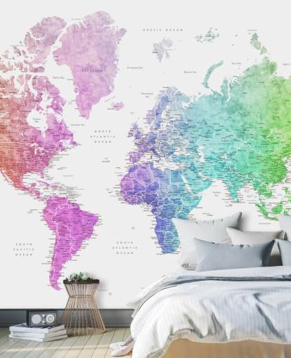 mural de pared de mapa del mundo con ciudades en colores del arcoíris