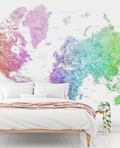 world map wall mural with cities in rainbow colors