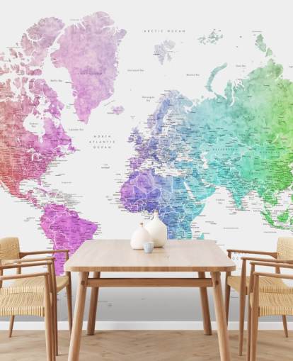 mural de pared de mapa del mundo con ciudades en colores del arcoíris
