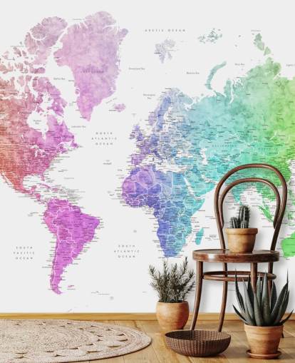 mural de pared de mapa del mundo con ciudades en colores del arcoíris
