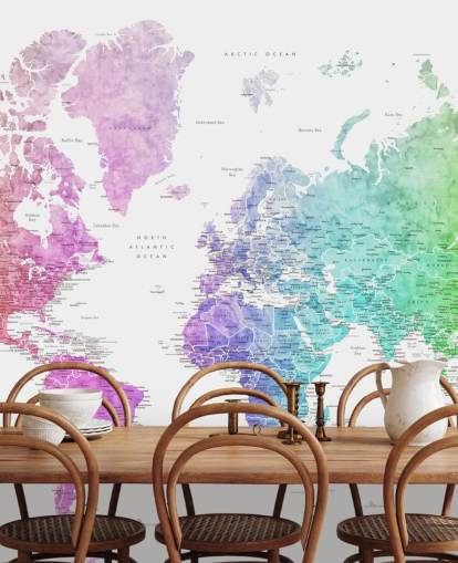 mural de pared de mapa del mundo con ciudades en colores del arcoíris