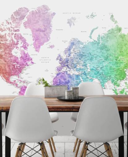 world map wall mural with cities in rainbow colours