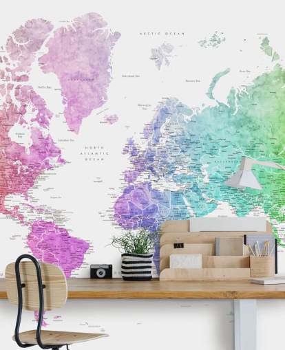 Weltkarten-Wandbild mit Städten in Regenbogenfarben