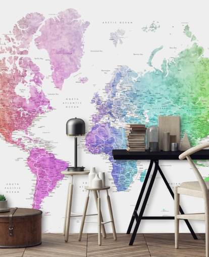 mural de pared de mapa del mundo con ciudades en colores del arcoíris